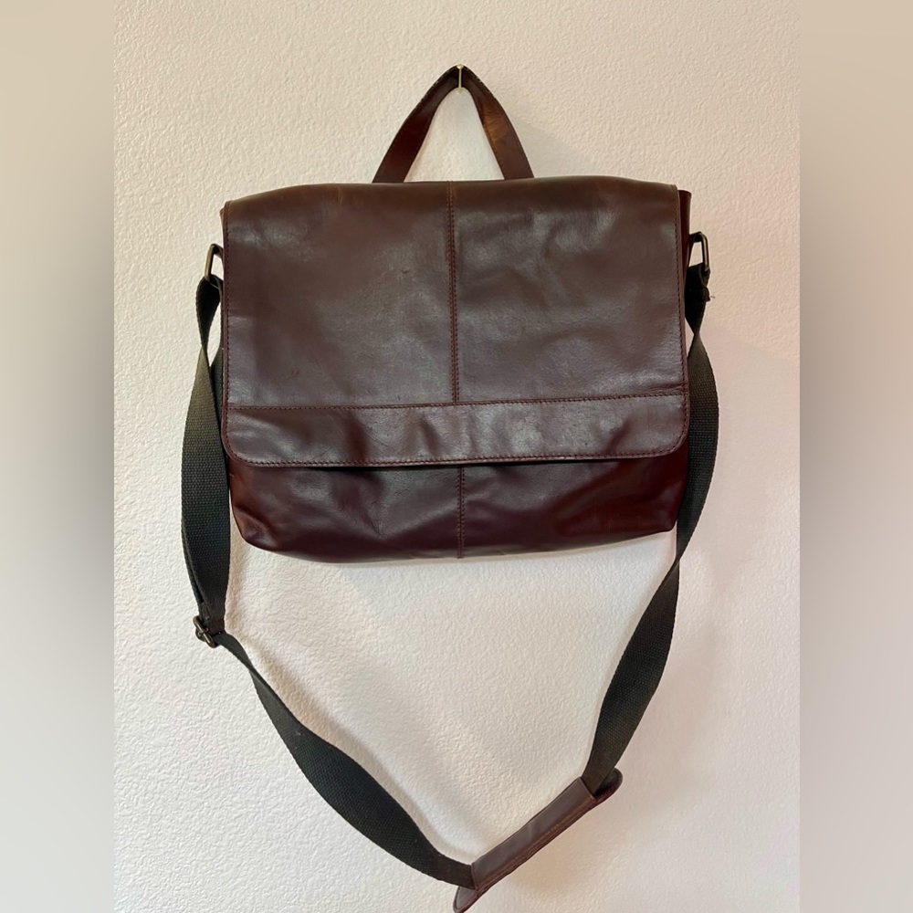 Dark burgundy leather messenger bag